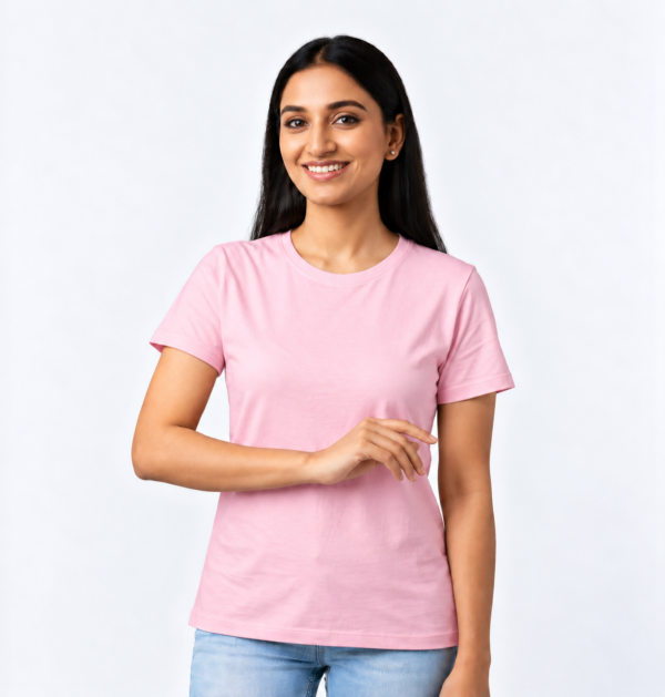 Woman wearing a custom lady fit T-shirt in Pink