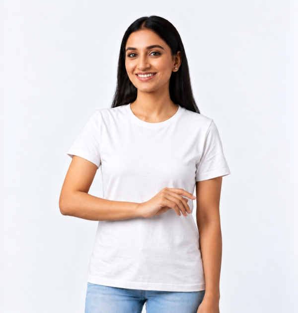 Woman wearing a custom lady fit T-shirt in White